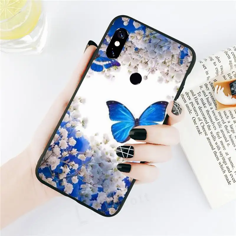 

Bling blue butterfly Phone Case black For Xiaomi Redmi mi note 7 8t 9 9t 9s 8 10 10t 11 pro lite K20 max 3