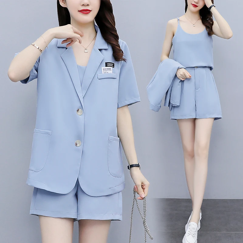 

Womens Plus Size Blue Clothes Set Top Shorts Pants L-4XL Fat XXXL 3XL XXXXL 3 Pic Office Ladies Work Wear Suits For 100KG Woman