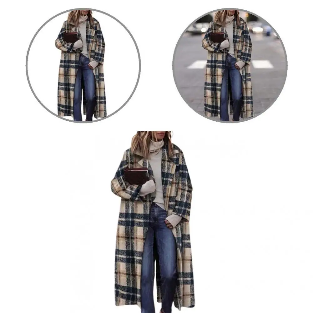 

Woolen Cardigan Elegant Casual Turn-Down Collar Plaid Print Long Women Coat Woolen Coat Outwear