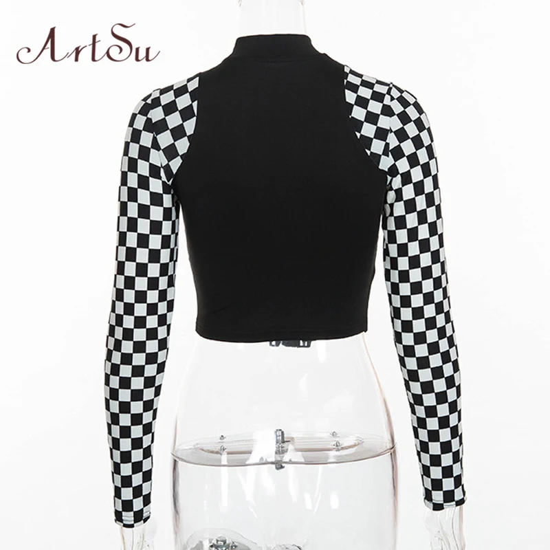 ArtSu Checkerboard короткий топ с длинными рукавами, водолазка с пряжкой, Футболка женская Harajuku, футболка, клетчатая забавная футболка ASTS60396