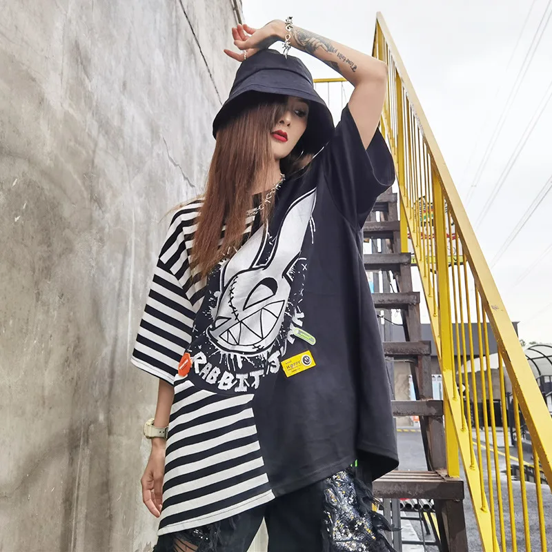 

Summer Street Style Cool Rabbit Pattern Short Sleeve T Shirt Women Loose Hip-hop Round Neck Striped Tops Tee