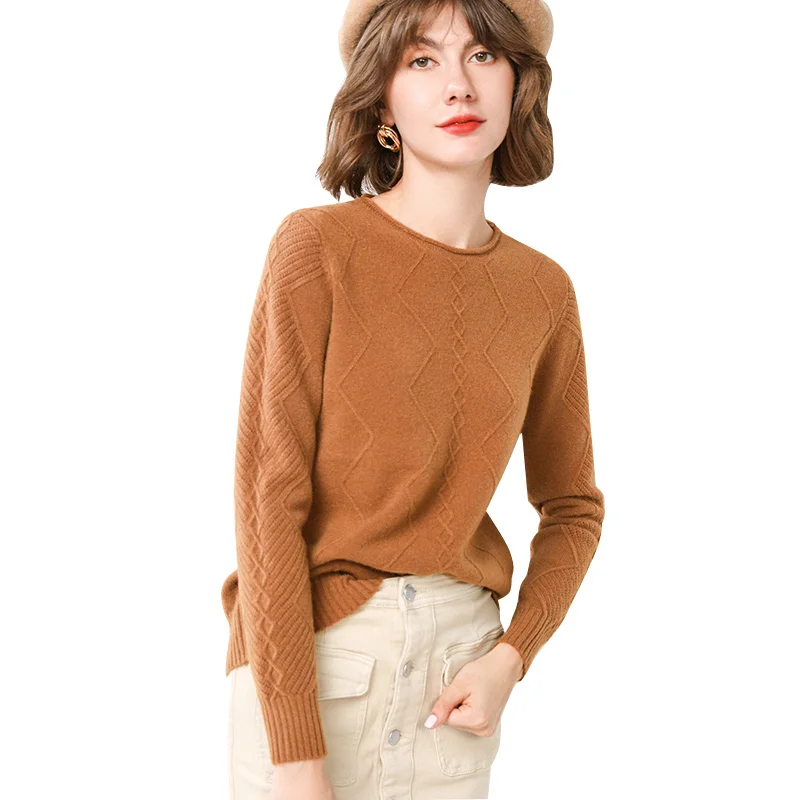 GCAROL New Women O Neck Curled Rhombic Sweater Fall Winter 30% Wool Cashmere Thick Jumper Stretch Warm OL Knitted Pullover S-3XL