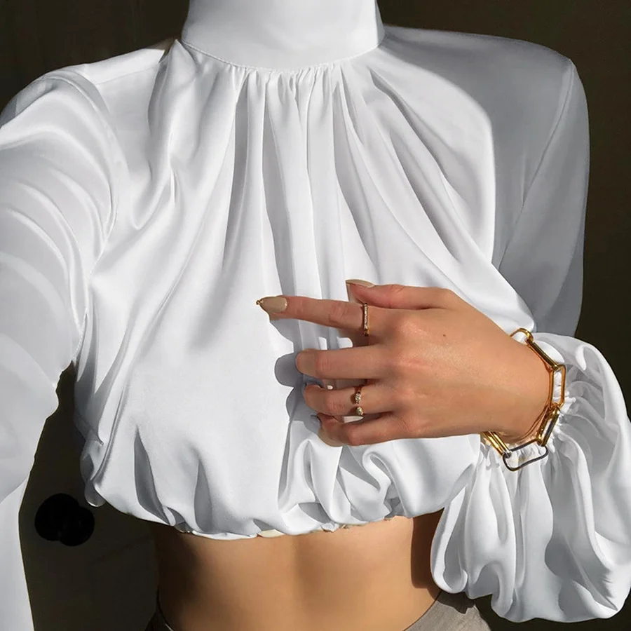 

Hot Sale Satin Blouses Solid Stand Collar Lantern Sleeve Y2K Cropped Tops Elegant White Shirts Fashion Ladies Blouse Streetwear