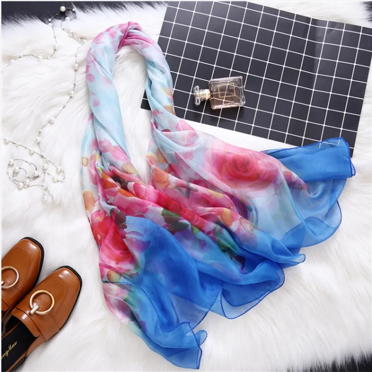 

Zijde Gevoel Sjaals Vrouwen Winter Nek Warm Grote Dunne Pashmina Bloemenprint Sjaal Wrap Hoge Kwaliteit Zachte ChiffonSjaalHijab