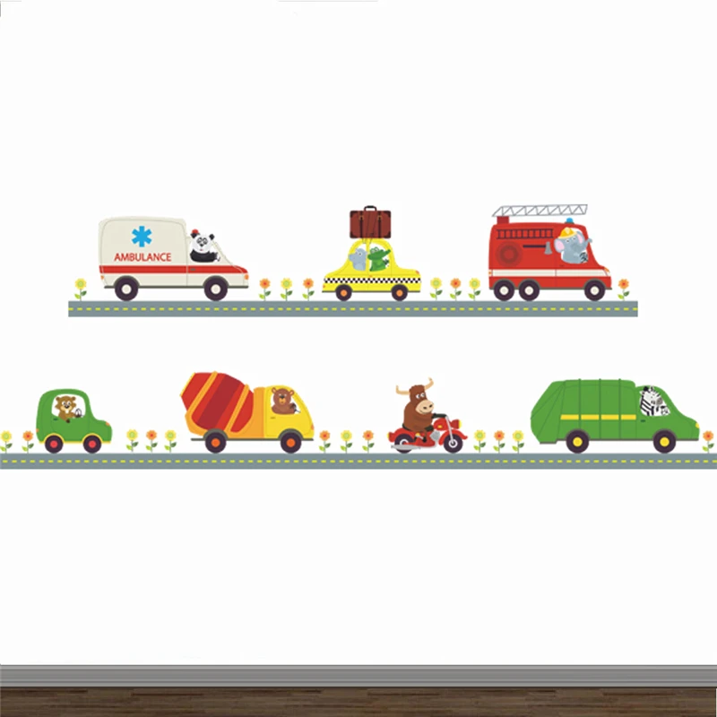 

cartoon police ambulance car animals driver wall stickers kids rooms nursery home decor pvc wall decals pvc mural art