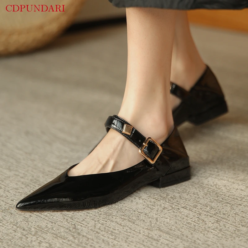 

Luxury Sexy Pointed Toe Genuine Leather Mary Janes Flat Shoes Women Spring Summer Casual Flats Ladies Popular Black Green