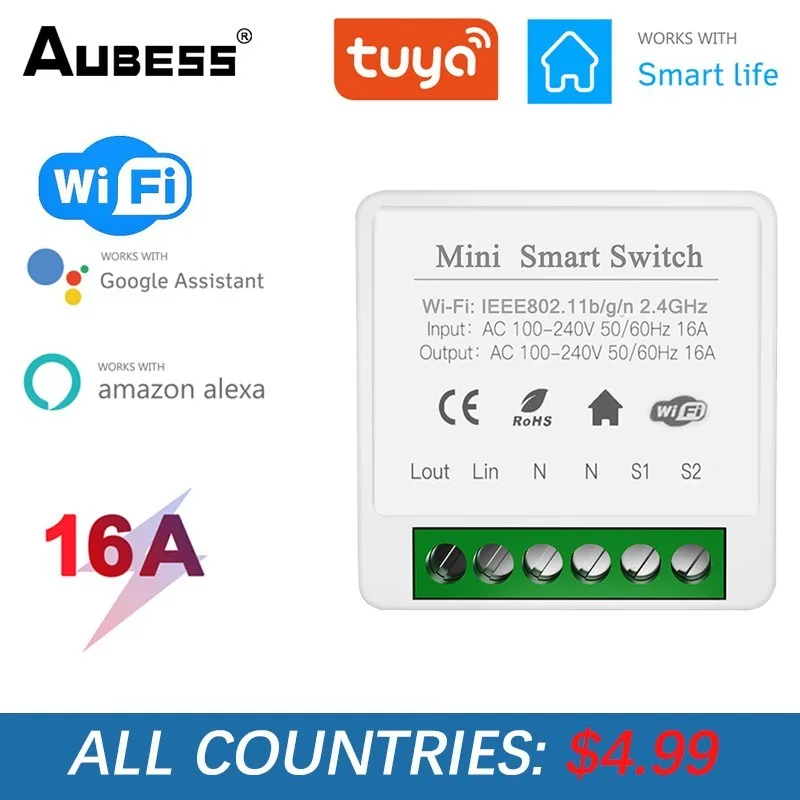 

16A Tuya Wifi Mini DIY Smart Switch Led Light Smart Life Breaker Module Supports 2 Way Relay Timer Work With Google Home Alexa