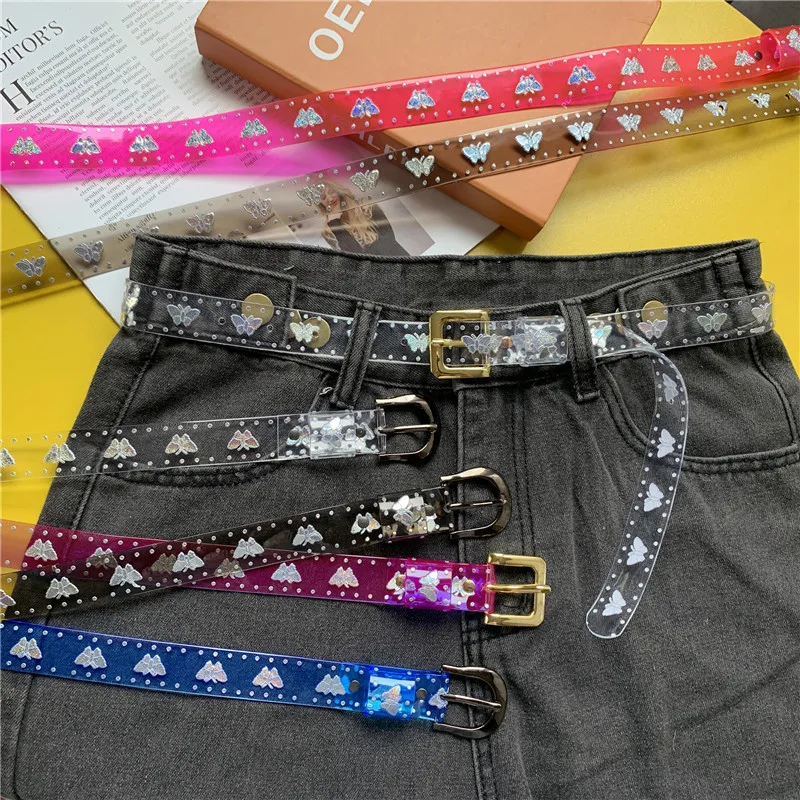 

PVC Transparent Belt Female Thin Laser Ladies Candy Fluorescent Butterfly Jelly Belts For Women Luxury Designer Brand Waistband