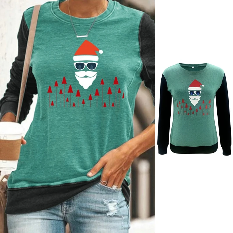 

Women Autumn Long Sleeve s Christmas Santa Reindeer Letters Graphic Pullover Top Contrast Color Crew Neck Holiday Sweatshirt