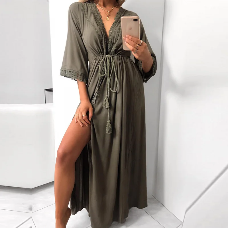 Весенне летнее длинное женское платье с рукавом три четверти кружевное