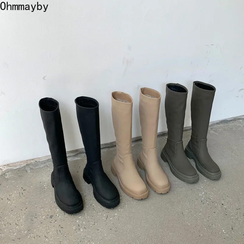

2022 Winter Women Knee High Boots Fashion Round Toe Thick Bottom Slip On Ladies Long Knight Booties Black Khaki Woman Shoes