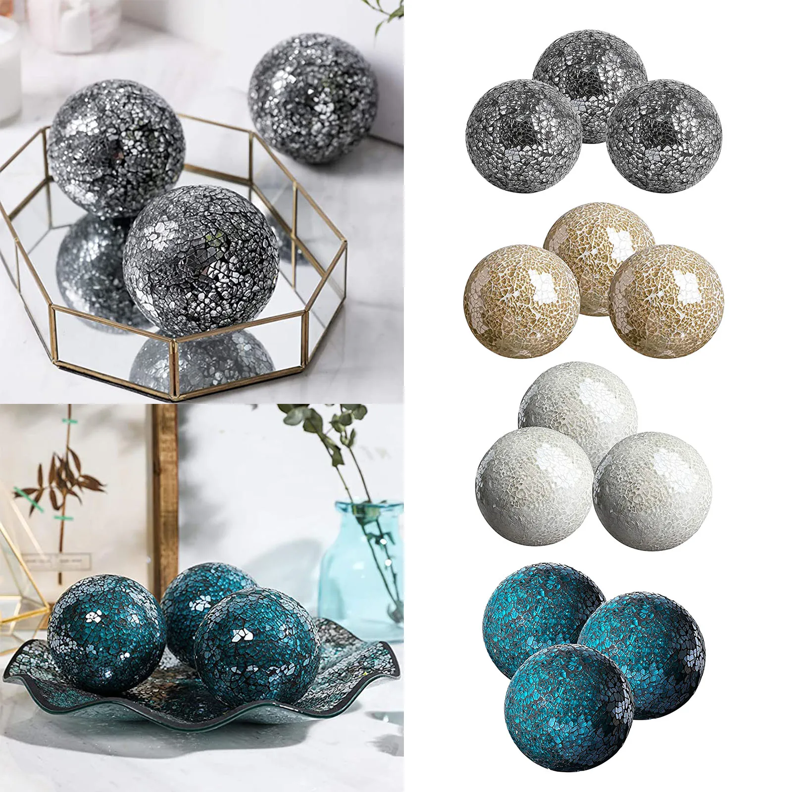 Set of 3 Decorative Glass Mosaic Spheres, 3.9 Inch Diameter, for Bowls, Vases, Tray And Centerpiece.