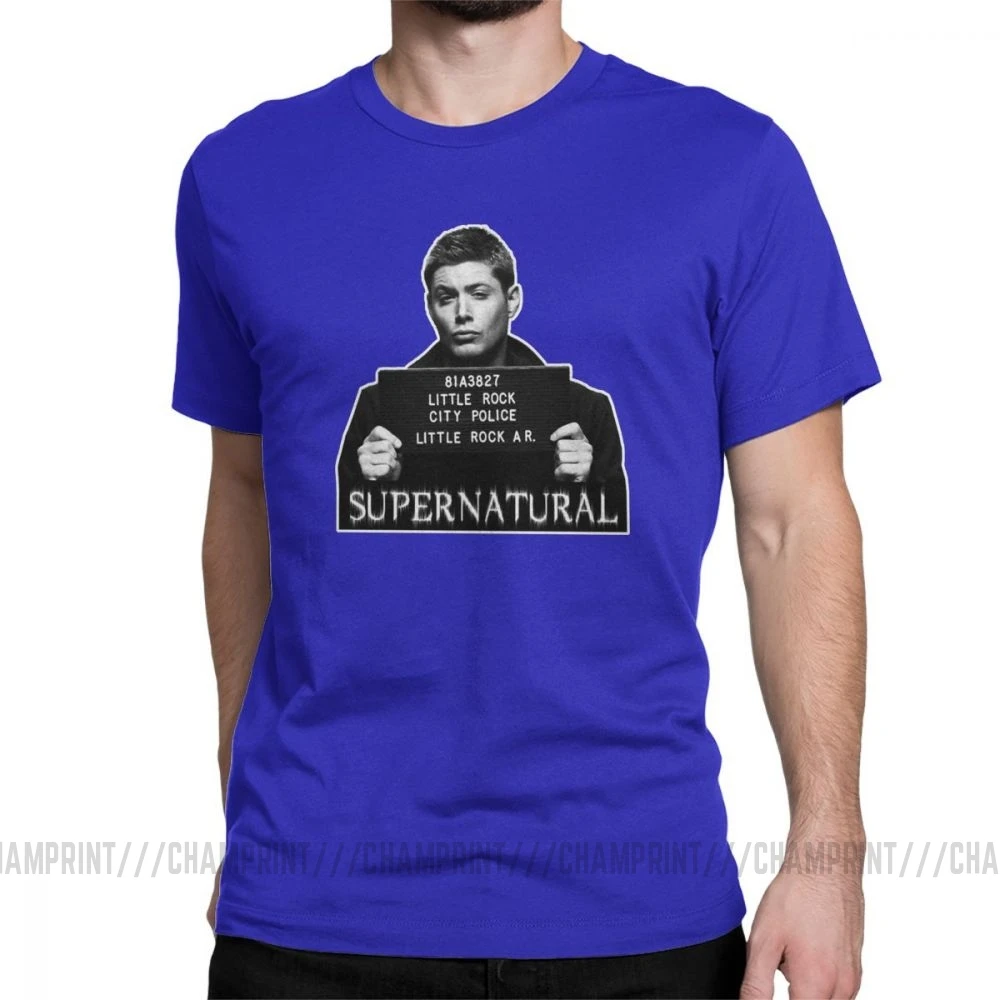 Dean Mugshot футболка Сверхъестественное SPN Brothers футболка мужские топы размера плюс забавная футболка с круглым вырезом из чистого хлопка - Цвет: Синий