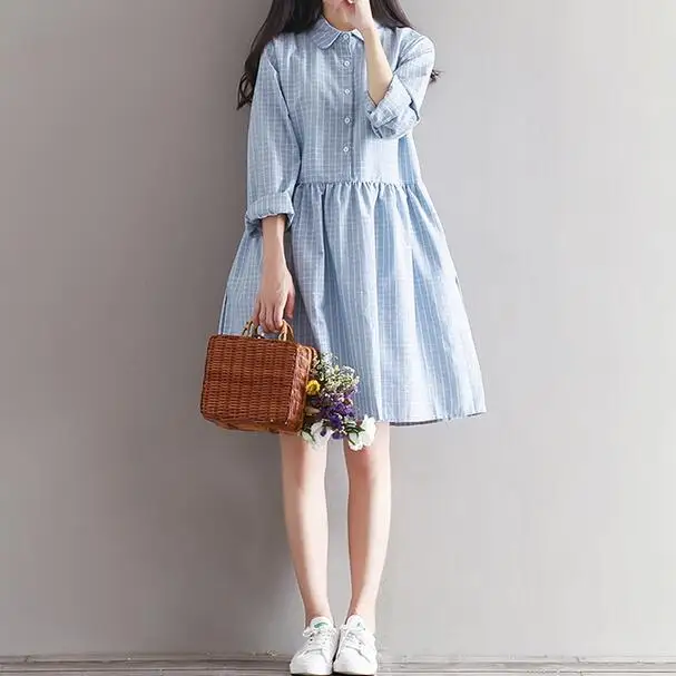 2020 Mori Girl весна-осень женское платье в клетку отложной воротник длинный рукав Vestidos