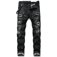 mens bottom denim pants black embroidery labeling paint ripped holes wild maple leaf icon personality new jeans