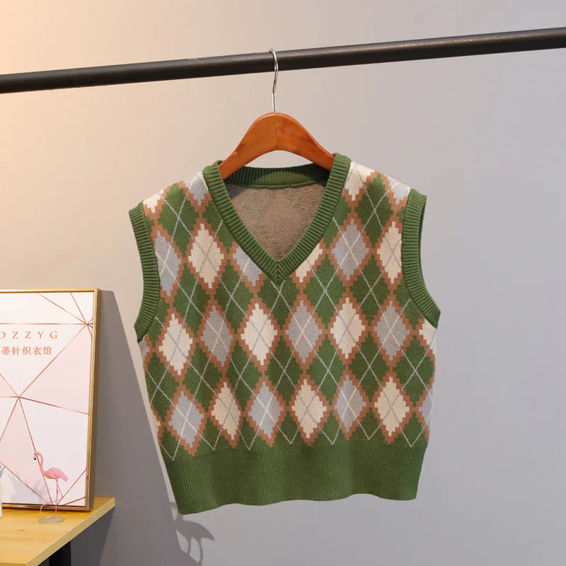 Женский винтажный трикотажный свитер в клетку с V-образным вырезом |
