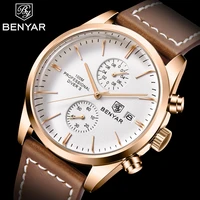 benyar stylish wrist watch for men genuine leather quartz mens watches chronograph wristwatch 100m waterproof sport diver watch