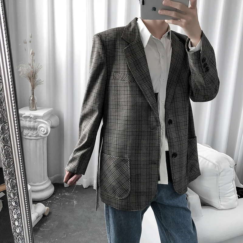 Новый модный клетчатый блейзер с длинным рукавом мужской пиджак классический
