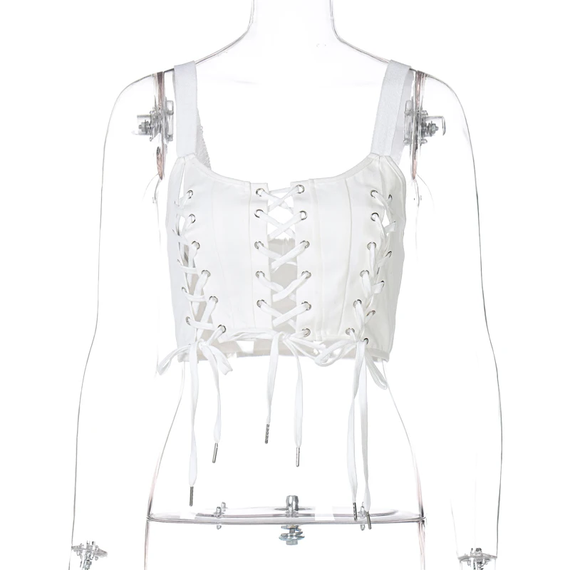 

Summer Women Streetwear Clothings 2021 Sleeveless Square Collar Bandage Hollow Out Solid Chic Crop Top Sexy Spring