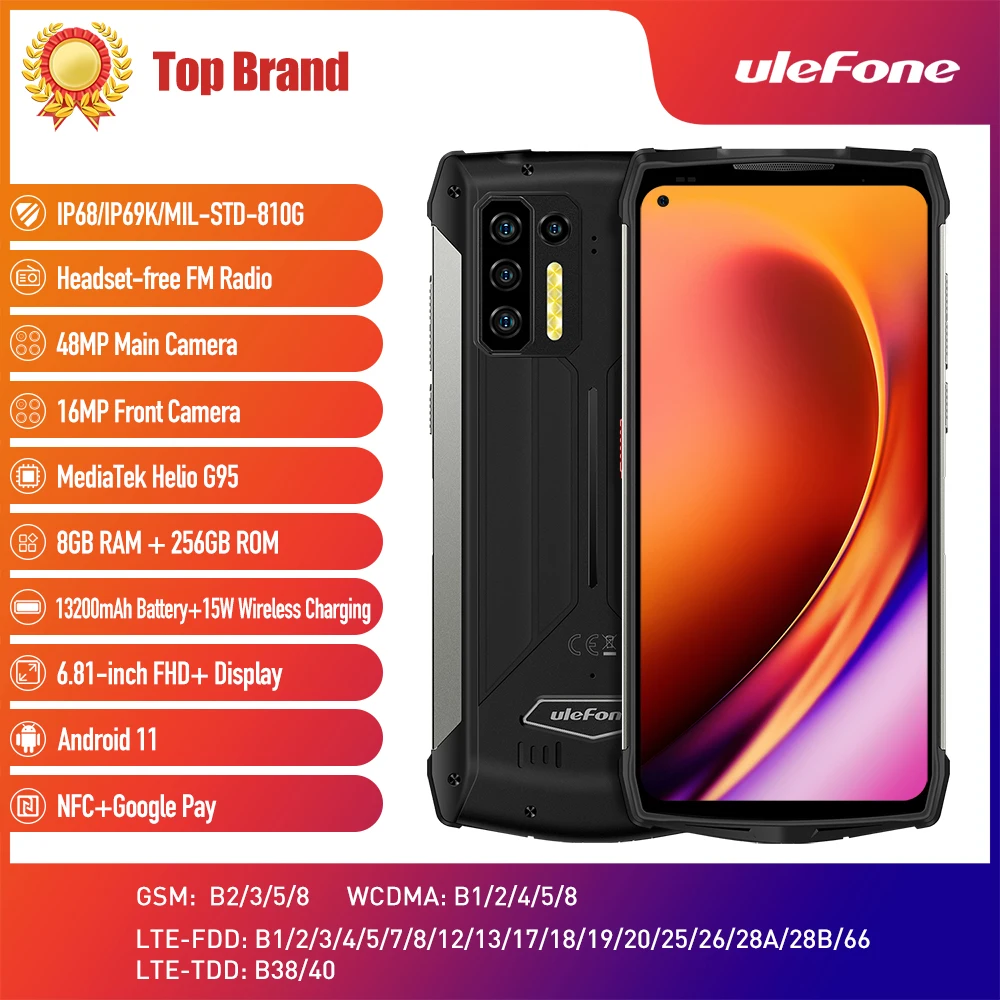 Ulefone Power Armor 13 Смартфон Android 11 8G + 256G мобильный телефон IP68 водонепроницаемый прочный