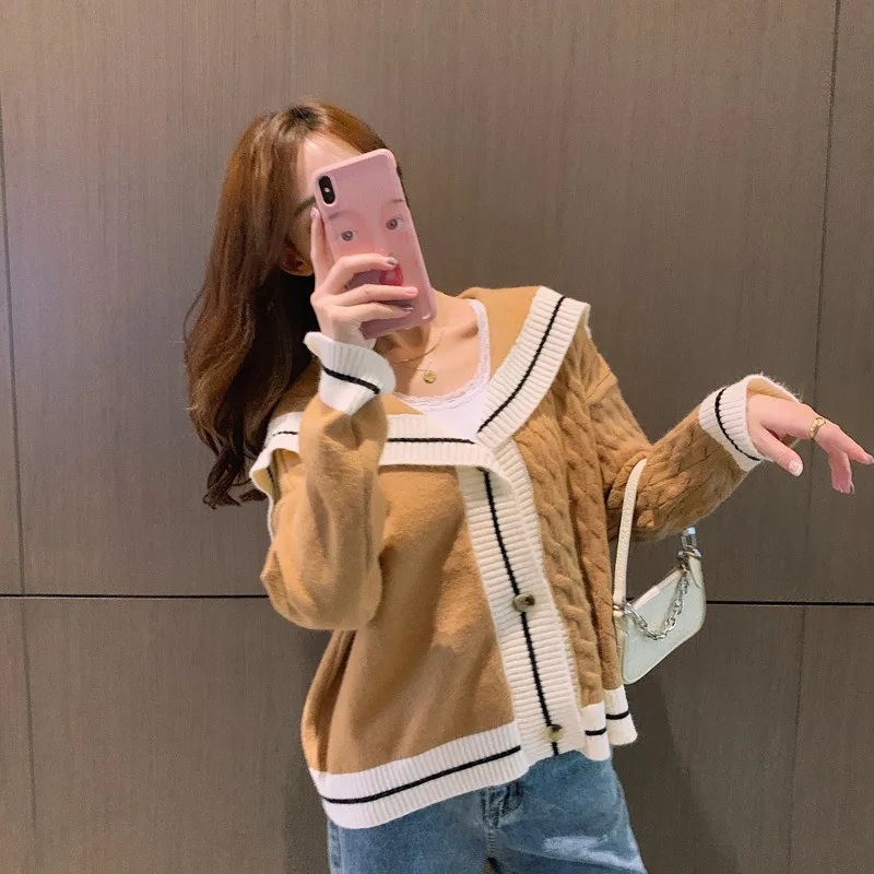 

Women Sweater Cardigan Tops 2020 Turn Down Collar Knit Jumpersa Chic Navy Style Jumpers Winter Pull Button Cardigan Sweater