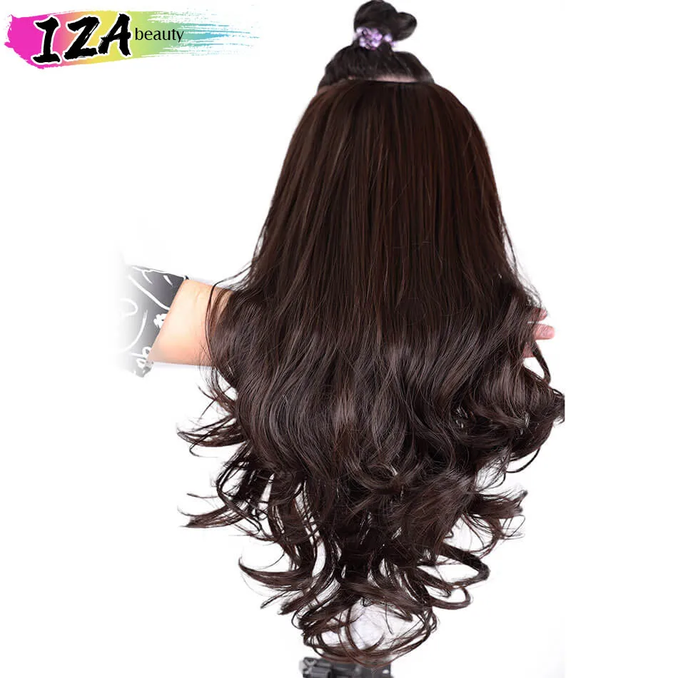 24" Half Wigs with Clip in Hair Extensions Long Wavy Black Brown Ombre Color 3/4 Synthetic Wig Heat Resistant By IZA beauty | Шиньоны и