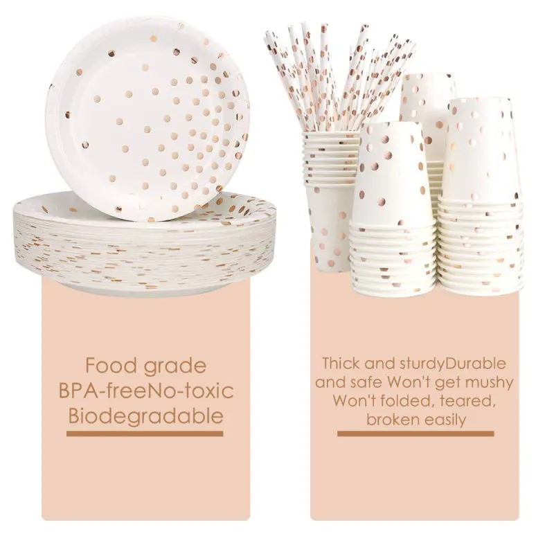 

VOGVIGO 300 Pieces Rose Gold Paper Party Supplies Disposable Paper Plate Cutlery Set Rose Gold Dot Hot Stamping Plate