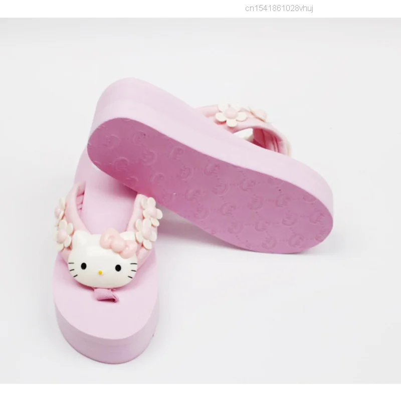 Kawaii Cartoon Summer 2021 Fashion Women's Leisure Shoes Wedge Flip Flop High Heels Slippers Hello A Kittyed Slippers Ladies Y2k images - 6