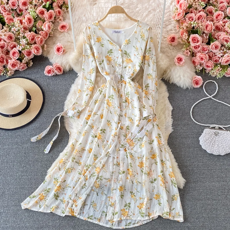 

FMFSSOM 2022 Chiffon Long Dress Women Elastic Waist Casual Dresses Floral Print Button Single Autumn Breasted Elegant Robe