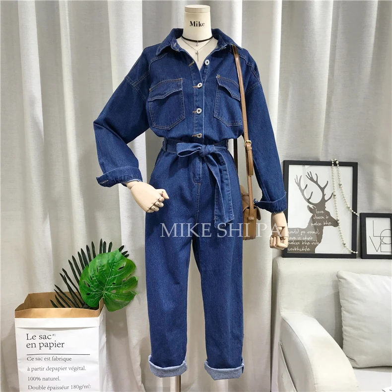 2020 New Korean Solid Color Loose Denim Jumpsuit Cowboy Pants Women's Spring Long Sleeve Full Length Playsuit Rompers