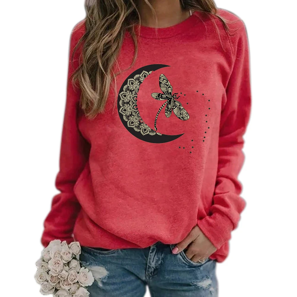 

VICABO Autumn Woman Sweashirts Oversize Dragonfly Moon Print Long Sleeve Round Neck Hoodies Casual Loose Lady Pullovers