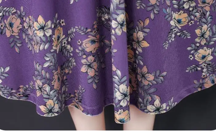 

Fall Spring Womens V Neck Floral Printed Pattern Purple Velvet Long Dress , Slim High Waisted Velour Flower Dresses for Woman