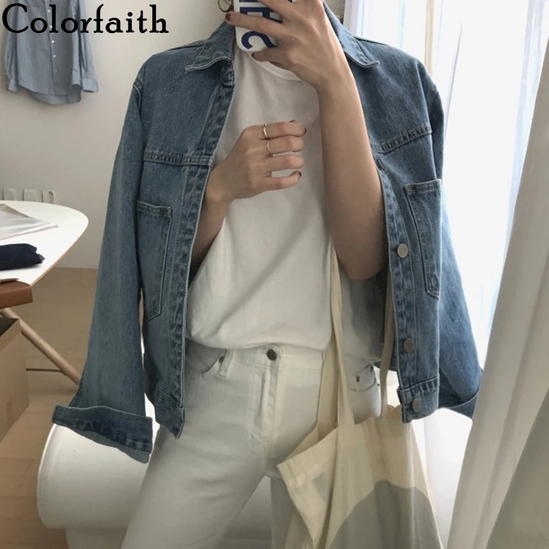 Colorfaith/Новинка 2021 года Сезон осень зима Женские джинсовые куртки Верхняя одежда с