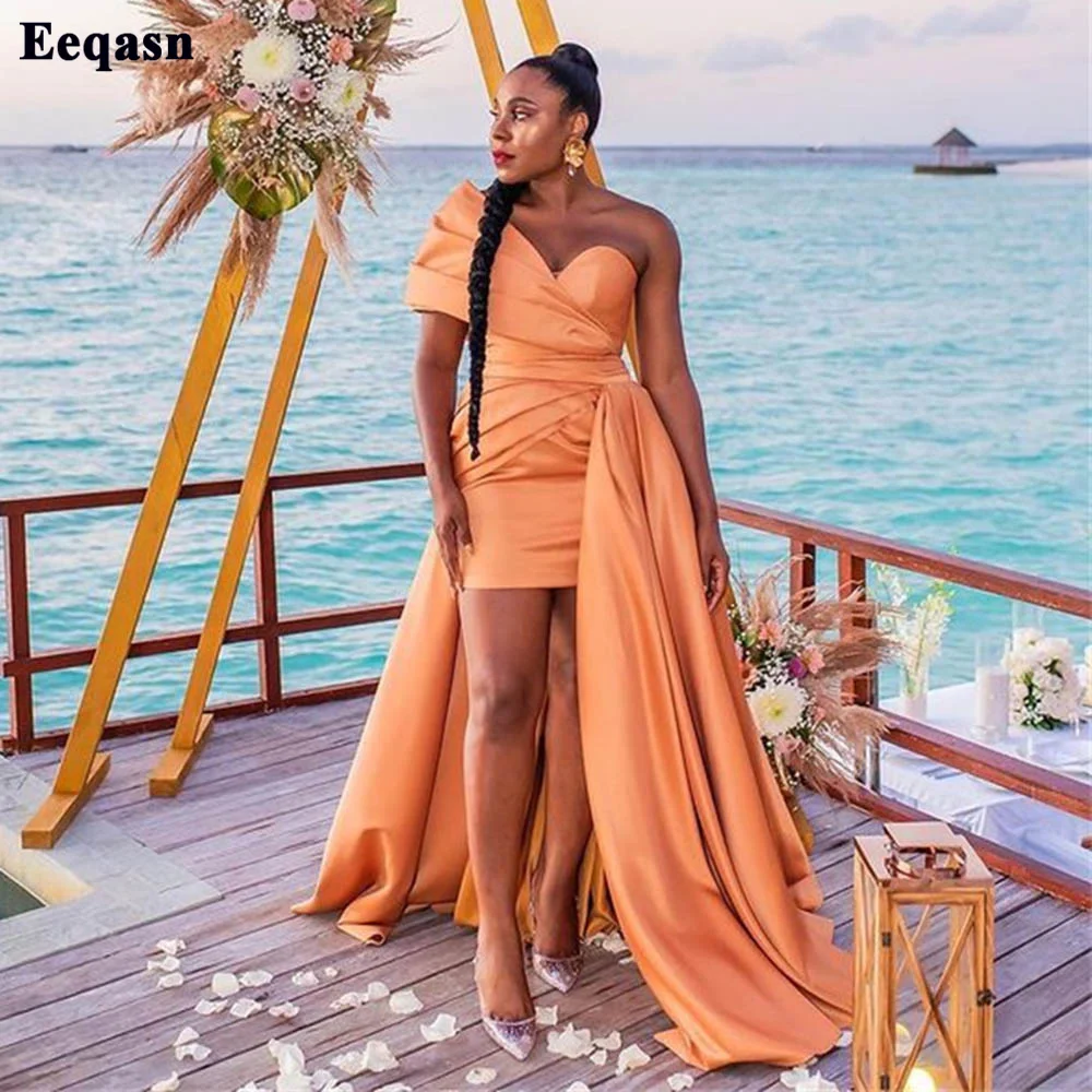 Eeqasn-Vestidos de Fiesta de 2 piezas para mujer, vestido de fiesta de graduación con sobrefalda, color Naranja, un hombro, Formal, Dubai, 2022