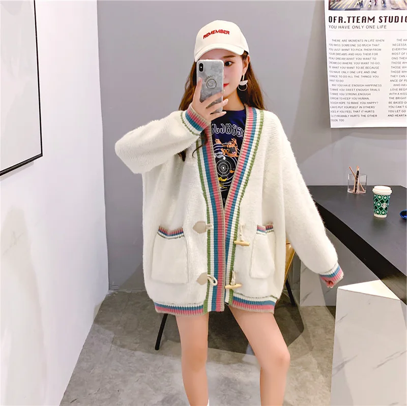 

Single Breasted V-neck Colour Loose Knitted Cardigan Women 2020 Thick Warm Winter Sweater Coat Preppy Fall Woman Sweater Jacket