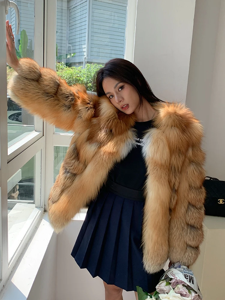 2022 New Women Natural Red Fox Fur Jacket Thick Mid-length V-neck Whole Skin Genuine Red Fox Fur Coats for Female Winter Outwear