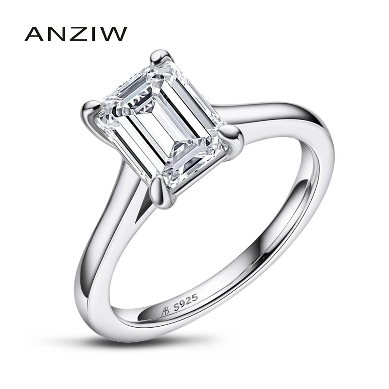 

ANZIW 925 Sterling Silver 7x9mm Emerald Cut Solitiare Ring for Women Simulated Diamond Engagement Wedding Band Rings Jewelry