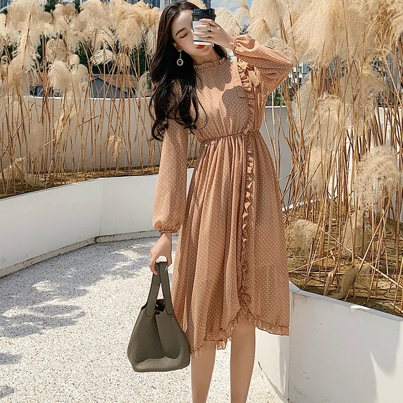 Винтаж с О-образным вырезом оборка Для женщин платье эластичный пояс горошек