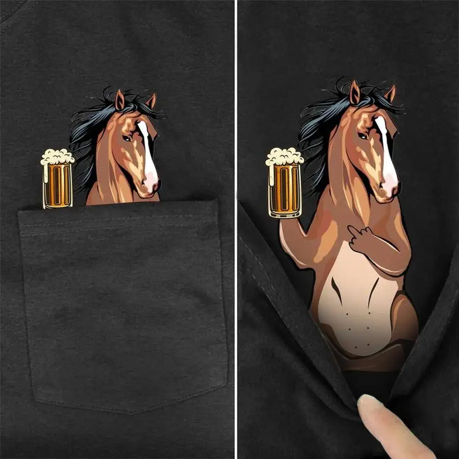 

PLstar Cosmos T Shirt Summer Pocket Beer Horse printed t-shirt men for women shirts tops funny cotton black tees