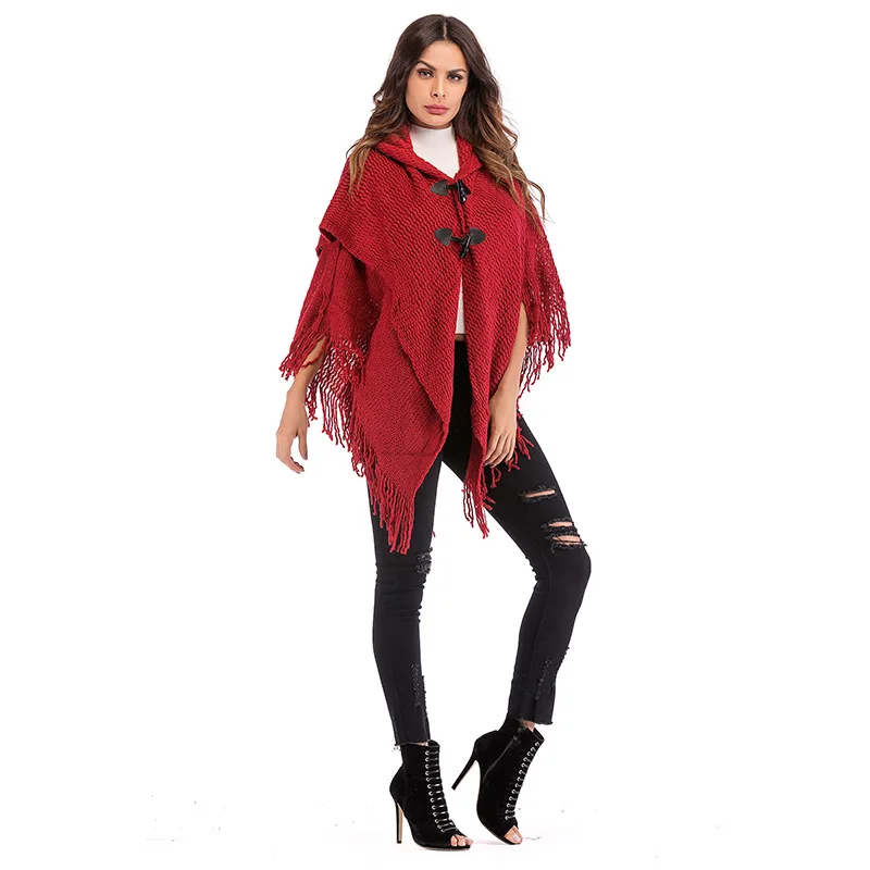 ZOGAA 2019 Red Knitted Cloak Sweater Women Casual Loose Tassels Shawl Autumn Winter Streetwear Poncho Hooded Pullovers | Женская одежда
