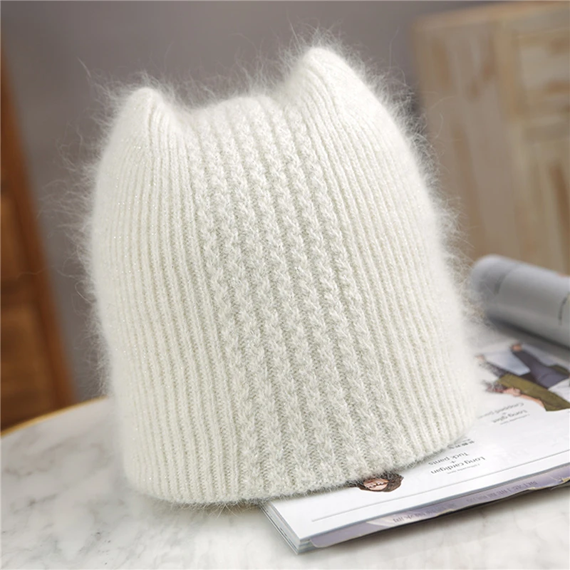 

Female Cashmere Blend Winter Hat Long Fur Warm Soft Wool Knitted Hats Women Skullies Beanies Wholesale