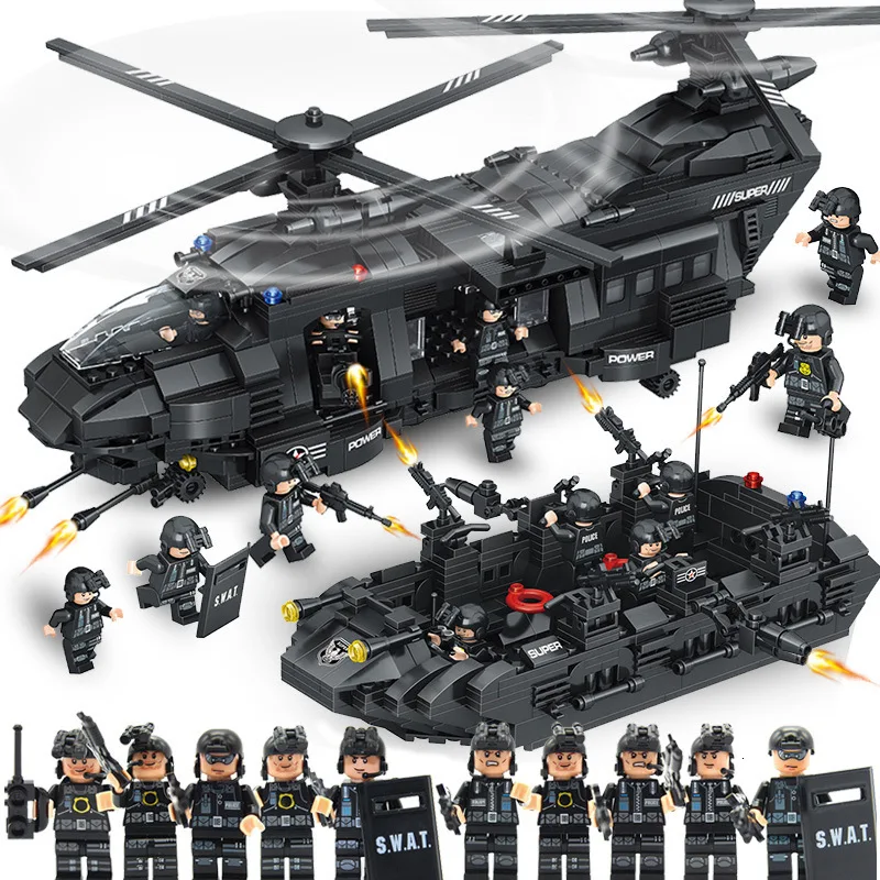 1351 шт QL0108 SWAT Team Technic Legoeds City Police Building Blocks Solider Transport вертолет кирпичи детский