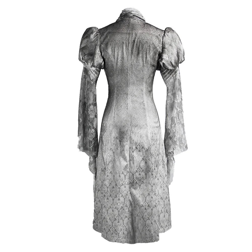 

Eva Lady Women's Goth V-neck Long Sleeved Printing Long Skirt High Waist Slim Fit Lace Puff Sleeved Party Dress
