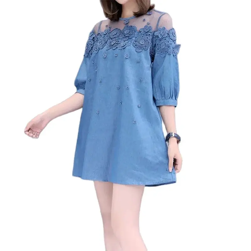 

Женское джинсовое платье, модное женское весенне-летнее Сетчатое синее Ковбойское платье с вышивкой и кружевом, сексуальные трапециевидные платья 6XL