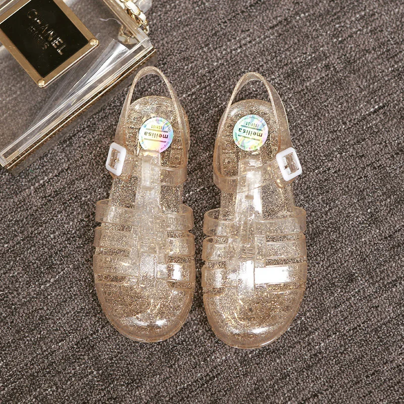 Сандалии-желе женские с кристаллами босоножки на плоской подошве пластиковые