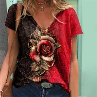 3d rose flower print women t shirt 2021 new summer casual short sleeve v neck loose oversized tops ladies large size 5xl clothes
