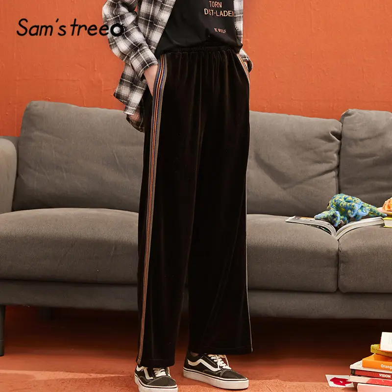 SAM'S TREE/черные одноцветные штаны с высокой талией для женщин, зимние Бархатные полосатые Лоскутные прямые женские повседневные брюки