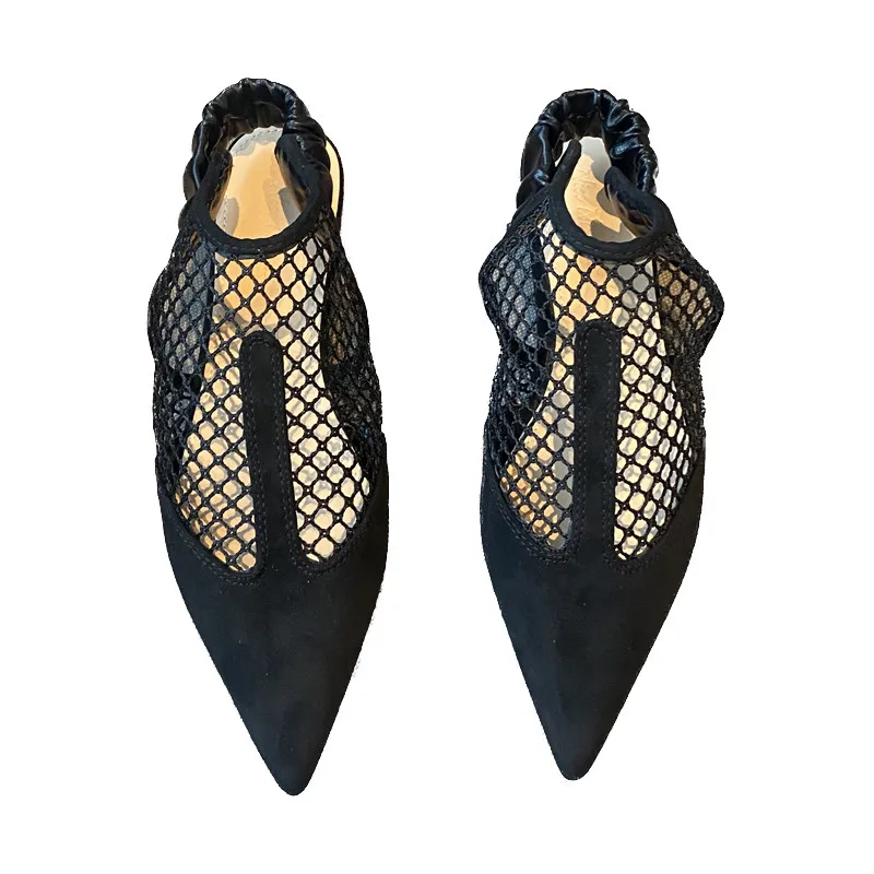 Женские босоножки с ремешком на пятке сетчатые сандалии без застежки плоская подошва заостренный носок