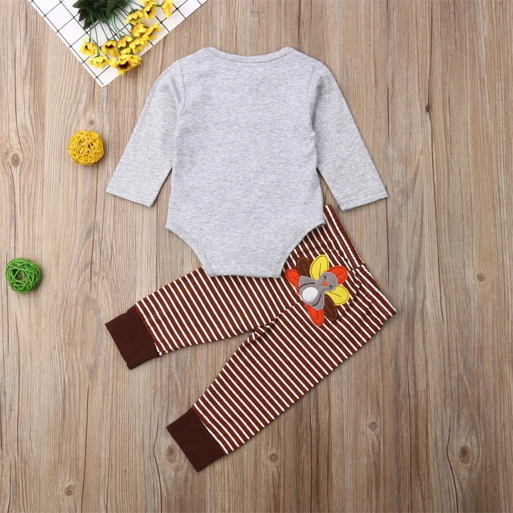 2019 Brand Cotton Infant Newborn Baby Boy Girls Letter Tops Romper Turkey Striped Long Pants Outfits Set Thanksgiving Clothes | Детская