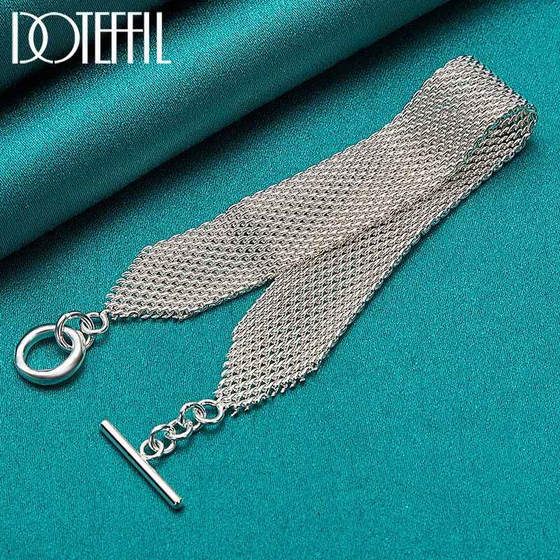 DOTEFFIL 925 Стерлинговое Серебро 18K золото Ремешок Сеть сетка цепь браслет для женщин